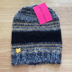5/$25 Betsey Johnson Striped Gold Heart Beanie